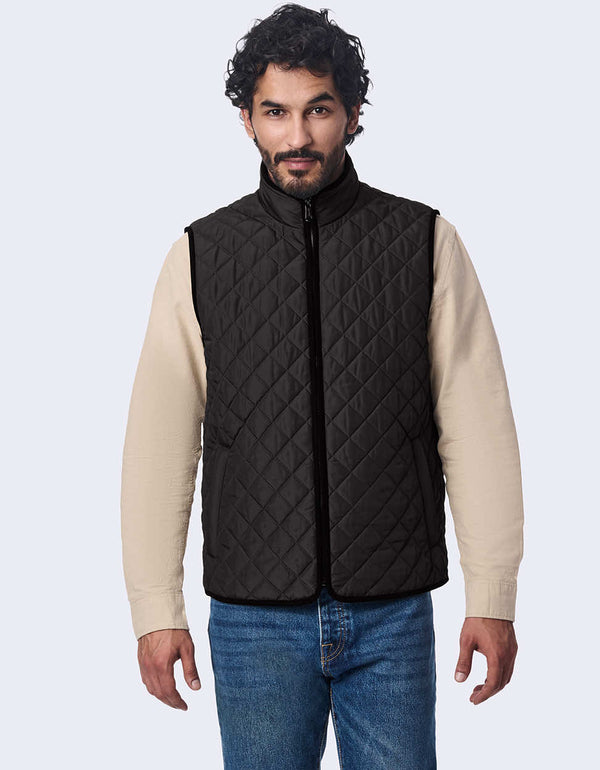 mens black quilted vest with lightweight eco friendly insulation and contrast details for modern style