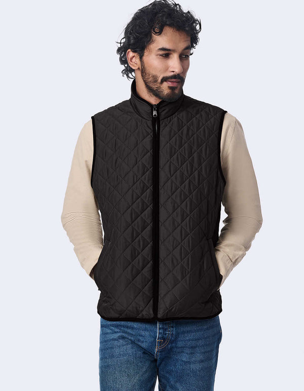 black vest for men featuring sustainable insulation faux suede inner collar and water resistant fabric