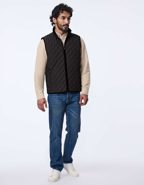 sleek black quilted vest for men with eco insulation two way zipper and water resistant finish