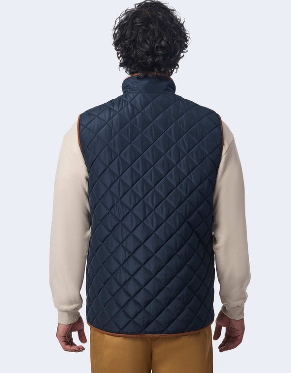 men's quilted vest made with sustainable materials. Lightweight style with contrast lining and two-way zipper.