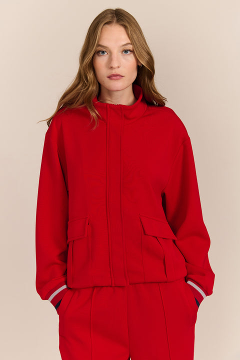 women's soft scuba zip-up sweatshirt with stand collar, flap pockets and striped ribbed cuffs.