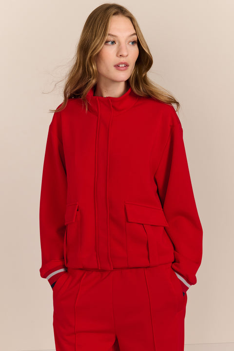 women's soft scuba zip-up sweatshirt with stand collar, flap pockets and striped ribbed cuffs.
