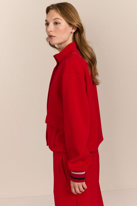 women's soft scuba zip-up sweatshirt with stand collar, flap pockets and striped ribbed cuffs.