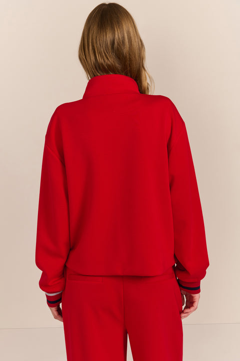 women's soft scuba zip-up sweatshirt with stand collar, flap pockets and striped ribbed cuffs.