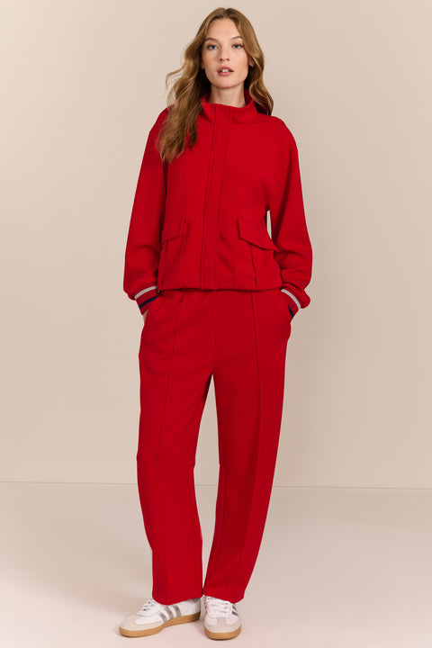 women's soft scuba zip-up sweatshirt with stand collar, flap pockets and striped ribbed cuffs.