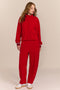 women's soft scuba zip-up sweatshirt with stand collar, flap pockets and striped ribbed cuffs.