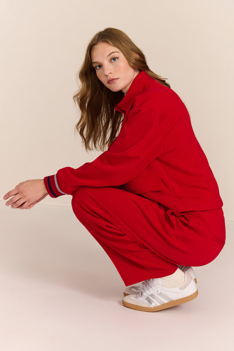 women's soft scuba zip-up sweatshirt with stand collar, flap pockets and striped ribbed cuffs.