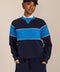 Women's navy and blue colorblock soft scuba sweatshirt with contrast piping and crew neckline.