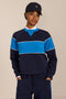 Women's navy and blue colorblock soft scuba sweatshirt with contrast piping and crew neckline.