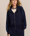 women's soft scuba full-zip jacket with blue contrast piping, high funnel collar and cinched waist.