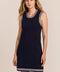 women's navy sleeveless knit mini dress with ivory striped trim at the neckline, armholes and hem.
