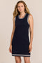 women's navy sleeveless knit mini dress with ivory striped trim at the neckline, armholes and hem.