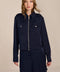 women's navy satin-finish zip-front utility jacket with pointed collar, flap chest pockets and silver-tone hardware.