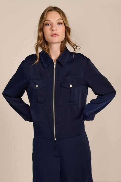 women's navy satin-finish zip-front utility jacket with pointed collar, flap chest pockets and silver-tone hardware.