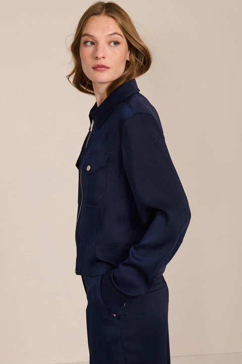 women's navy satin-finish zip-front utility jacket with pointed collar, flap chest pockets and silver-tone hardware.
