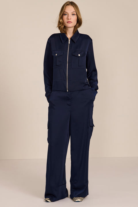 women's navy satin-finish zip-front utility jacket with pointed collar, flap chest pockets and silver-tone hardware.