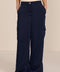 women's satin-finish wide-leg cargo pants with flap pockets and silver-tone snap hardware.