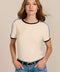 women's ivory short-sleeve ringer tee featuring black contrast trim and blue stripes along the shoulders and sleeves.