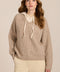 women's V-neck sweater with a contrast ivory hood, drawstrings, dropped shoulders and ribbed knit texture.