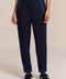 Women's navy soft scuba pull-on pants with blue contrast piping, elastic waistband and tapered leg.