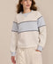 Women's navy and blue colorblock soft scuba sweatshirt with contrast piping and crew neckline.