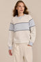 Women's navy and blue colorblock soft scuba sweatshirt with contrast piping and crew neckline.
