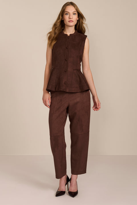 women's chocolate brown faux suede peplum top featuring a sleeveless silhouette, band collar, tonal covered buttons and flared hem.