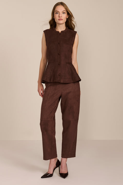 women's chocolate brown faux suede peplum top featuring a sleeveless silhouette, band collar, tonal covered buttons and flared hem.