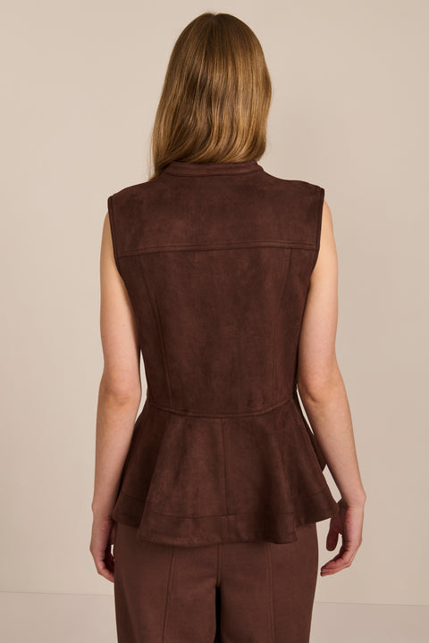 women's chocolate brown faux suede peplum top featuring a sleeveless silhouette, band collar, tonal covered buttons and flared hem.