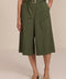 women's olive belted wide-leg culottes with patch pockets, cropped length and statement buckle.