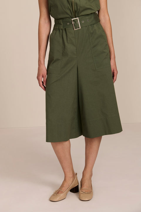 women's olive belted wide-leg culottes with patch pockets, cropped length and statement buckle.