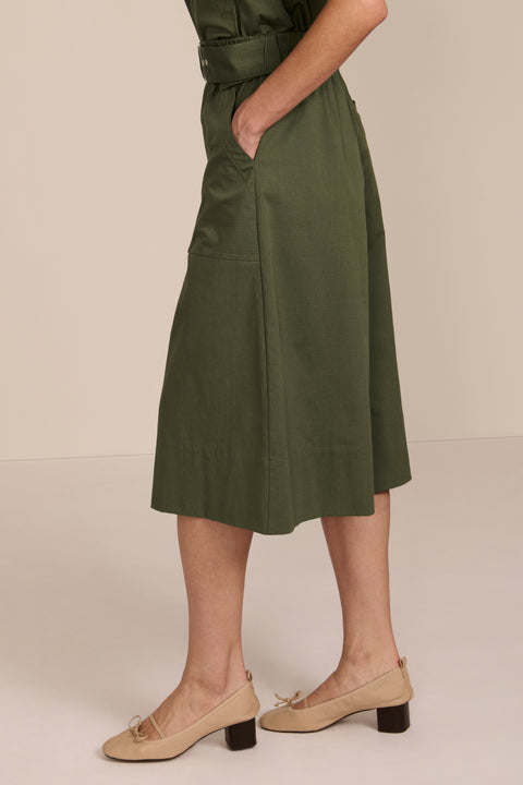 women's olive belted wide-leg culottes with patch pockets, cropped length and statement buckle.