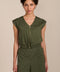 women's olive sleeveless zip-front top with V-neckline, extended shoulders and elasticized hem.