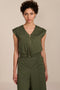 women's olive sleeveless zip-front top with V-neckline, extended shoulders and elasticized hem.