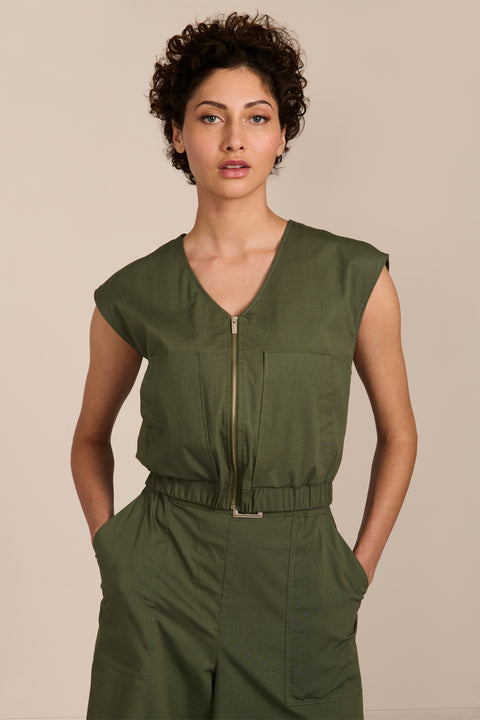 women's olive sleeveless zip-front top with V-neckline, extended shoulders and elasticized hem.