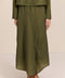 women's asymmetrical maxi skirt in olive green with a fluid silhouette and softly draped hem.