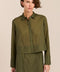 women's cropped button-front shirt in olive green with point collar, long sleeves and wide cuffs,
