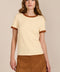 women's ivory ribbed knit short-sleeve tee featuring a crew neckline and warm brown contrast trim at the neck and cuffs.