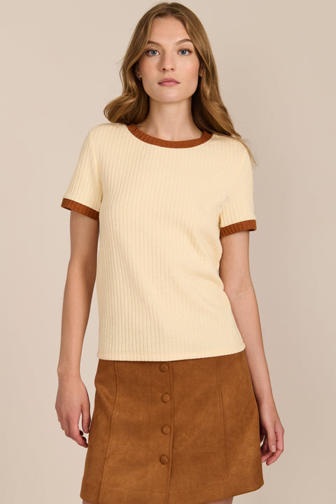 women's ivory ribbed knit short-sleeve tee featuring a crew neckline and warm brown contrast trim at the neck and cuffs.