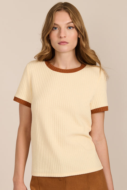 women's ivory ribbed knit short-sleeve tee featuring a crew neckline and warm brown contrast trim at the neck and cuffs.