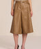 women's camel faux leather culottes featuring a high waist, self belt, wide cropped leg and paneled seam detailing.