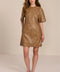 women's camel faux leather shift dress featuring short sleeves, a crew neckline, seam detailing and side pockets.