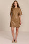 women's camel faux leather shift dress featuring short sleeves, a crew neckline, seam detailing and side pockets.