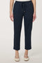 Woman wearing denim-effect Slim Drawstring Pant with cropped straight-leg silhouette and adjustable waist.