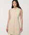 Woman wearing neutral sleeveless Modern Button Down Vest Dress with crew neckline and full button-front closure.