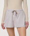 Woman wearing Striped Poplin Short with drawstring waist and vertical side stripe detail.