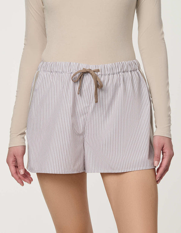 Woman wearing Striped Poplin Short with drawstring waist and vertical side stripe detail.
