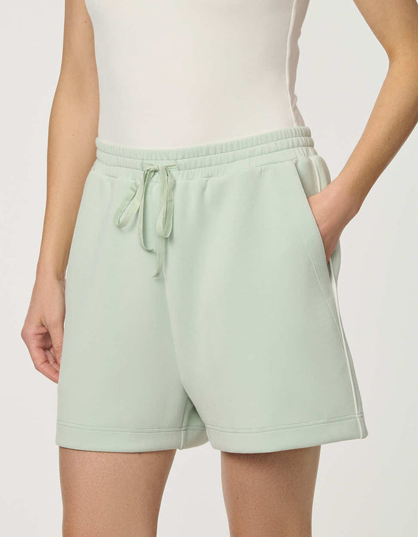 Women’s lightweight scuba short in Green with elastic waistband and relaxed fit.