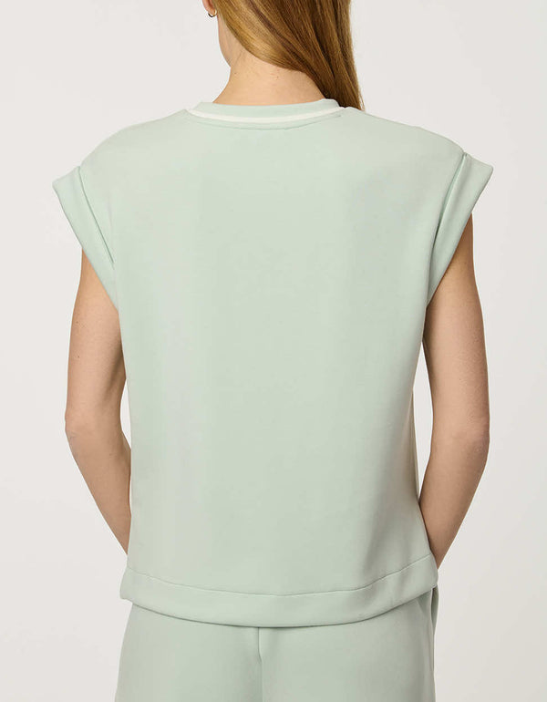 Women’s lightweight scuba tee in Green with cap sleeves and relaxed structured silhouette.
