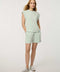 Women’s lightweight scuba tee in Green with cap sleeves and relaxed structured silhouette.